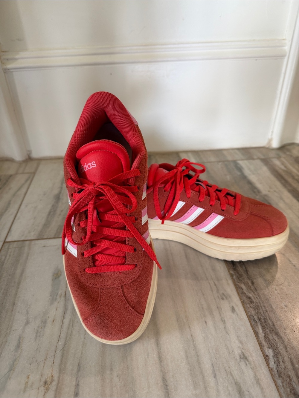 adidas Red Suede Platform Sneakers with Pink & White Stripes